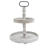 Ouosawa Farmhouse 2 Tiered Tray Stand for Home Decor, Wooden Serving Tiered Tray for Coffee Bar Table Centerpiece, Decorative Trays Kit for Countryside, Round Rustic Stand for Cake Cupcake(White) ouosawa