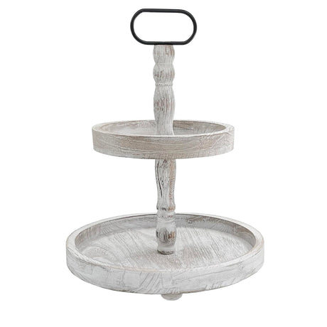 Ouosawa Farmhouse 2 Tiered Tray Stand for Home Decor, Wooden Serving Tiered Tray for Coffee Bar Table Centerpiece, Decorative Trays Kit for Countryside, Round Rustic Stand for Cake Cupcake(White) ouosawa
