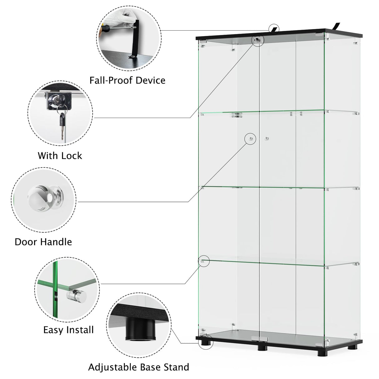 ROOMTEC Glass Display Cabinet with 4 Shelves, Double Doors, Floor Standing Display Cage, for Living Room Bedroom Office, 64 x 31.7 x 14.3 in, Black ROOMTEC