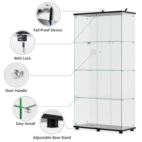ROOMTEC Glass Display Cabinet with 4 Shelves, Double Doors, Floor Standing Display Cage, for Living Room Bedroom Office, 64 x 31.7 x 14.3 in, Black ROOMTEC