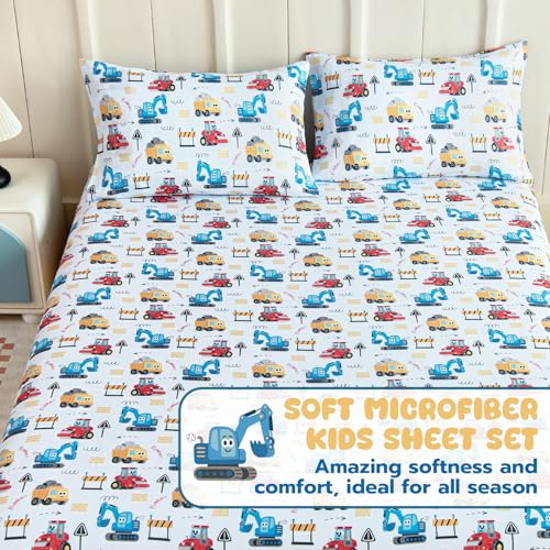 Homilay Queen Sheet Set Kids - Excavator Road Roller Dump Truck 4 Pieces Soft Microfiber Cartoon Style Bedsheets for Boys Girls Teens, Oeko TEX, Breathable Deep Pocket Sheets(Engineering Car) Homilay