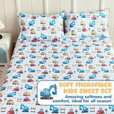 Homilay Queen Sheet Set Kids - Excavator Road Roller Dump Truck 4 Pieces Soft Microfiber Cartoon Style Bedsheets for Boys Girls Teens, Oeko TEX, Breathable Deep Pocket Sheets(Engineering Car) Homilay