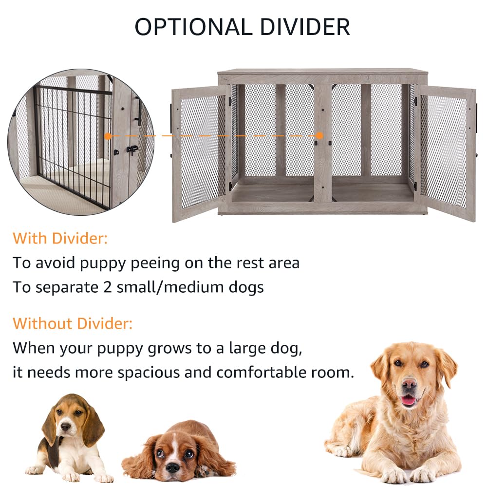 unipaws Extra Large Dog Crate Furniture with Divider for 2 Dogs, Wooden Dog Kennel for XLarge Breed, Indoor Decorative XL Wood Dog Cage, Inside Side End Table Crate with Tray, for Dogs Up to 90 lbs unipaws