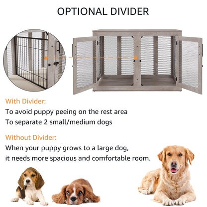 unipaws Extra Large Dog Crate Furniture with Divider for 2 Dogs, Wooden Dog Kennel for XLarge Breed, Indoor Decorative XL Wood Dog Cage, Inside Side End Table Crate with Tray, for Dogs Up to  - WoodArtSupply