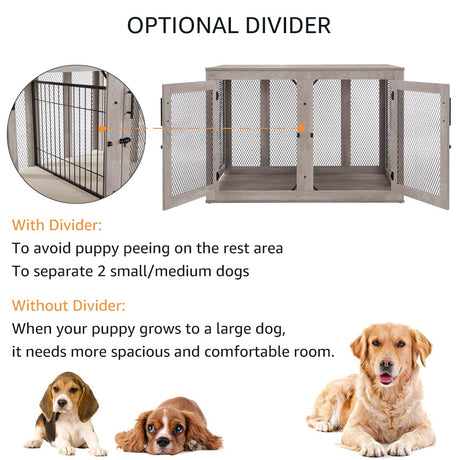 unipaws Extra Large Dog Crate Furniture with Divider for 2 Dogs, Wooden Dog Kennel for XLarge Breed, Indoor Decorative XL Wood Dog Cage, Inside Side End Table Crate with Tray, for Dogs Up to 90 lbs unipaws