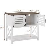 ChooChoo Farmhouse Console Table with Charging Station, 35.4 L x 17.7 D x 31.49 H Coffee Bar Cabinet with Storage, Sideboard Buffet Cabinet with Doors for Kitchen, Living Room, White ChooChoo