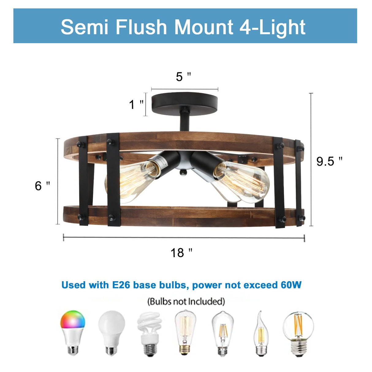 Voguad Semi Flush Mount Ceiling Light Fixture, Modern Farmhouse Wood Drum Ceiling Lamp, Rustic Close to Ceiling Lighting for Hallway Entryway Laundry Room Bedroom Voguad