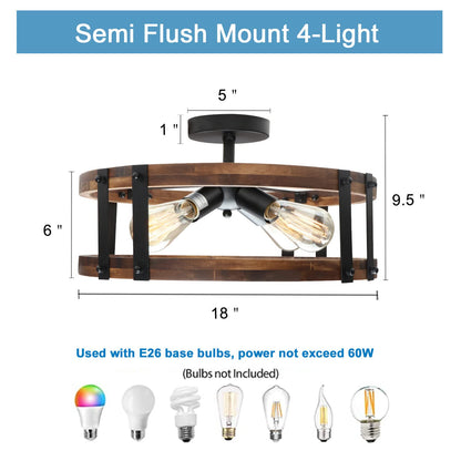 Voguad Semi Flush Mount Ceiling Light Fixture, Modern Farmhouse Wood Drum Ceiling Lamp, Rustic Close to Ceiling Lighting for Hallway Entryway Laundry Room Bedroom