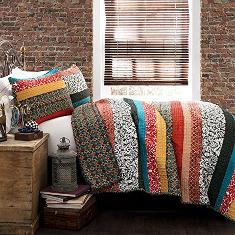Lush Decor Boho Stripe Reversible Cotton Quilt 3-Piece Set, Full/ Queen, Turquoise & Tangerine - Bold Colorful Bohemian Bedding Set Lush Decor