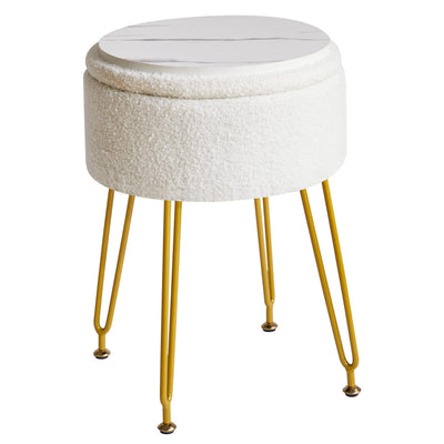 IBUYKE Teddy Velvet Storage Footrest Stool Ottoman, Makeup Vanity Stool Side Table with Removable Cover, Golden Steel Legs, Coffee Table Top Cover, White WBD010W