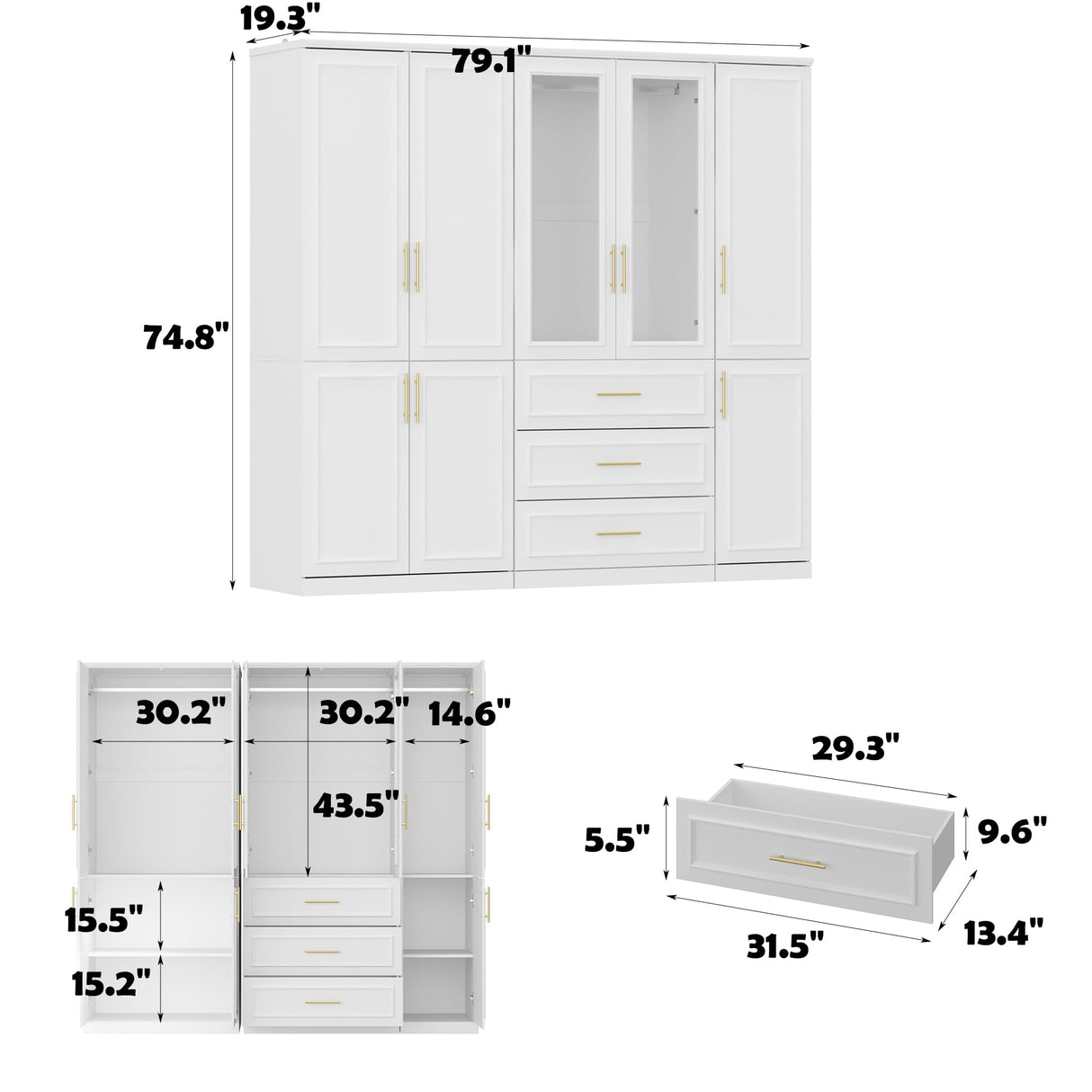 FUFU&GAGA Wardrobe Closet Collection with Doors, Modern White Bedroom Armoire System with Gold Handles, Modern Clothes Storage Cabinet with Drawers, Shelves, Hanging Rods, 79.1”W x 19.3”D x 74.8”H FUFU&GAGA