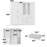 FUFU&GAGA Wardrobe Closet Collection with Doors, Modern White Bedroom Armoire System with Gold Handles, Modern Clothes Storage Cabinet with Drawers, Shelves, Hanging Rods, 79.1”W x 19.3”D x 74.8”H FUFU&GAGA