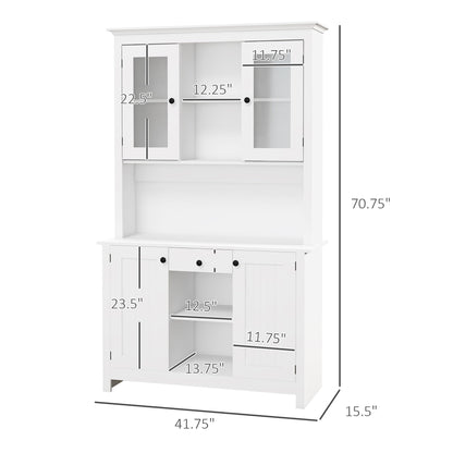 HOMCOM Freestanding Rustic Buffet with Hutch, 4 Door Farmhouse Kitchen Pantry Cabinet, Microwave Stand with Beadboard Panel, Drawer and Adjustable Shelves, White - WoodArtSupply