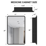 YOOSHINE Black Bathroom Medicine Cabinet with Mirror 17 x 27 Metal Frame Recessed Or Wall Mounted Single Door Storage Medicine Cabinets with Adjustable Shelves Rounded Corner Beveled Mirrors YOOSHINE