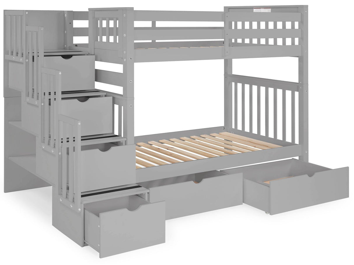 Bedz King Tall Stairway Bunk Beds Twin over Twin with 4 Drawers in the Steps and 2 Under Bed Drawers, Gray Bedz King