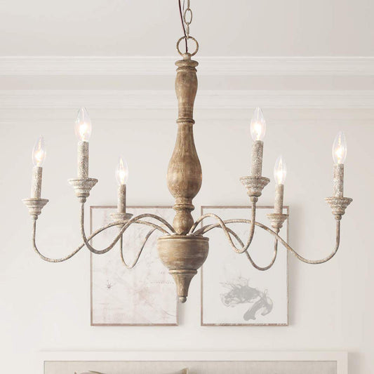 LNC French Country Chandeliers Wood 6 Lights Rust Arms for Dining, Bedroom, Living Room and Bathroom, Brown Lamp Body Size:D29.5 xH24.5