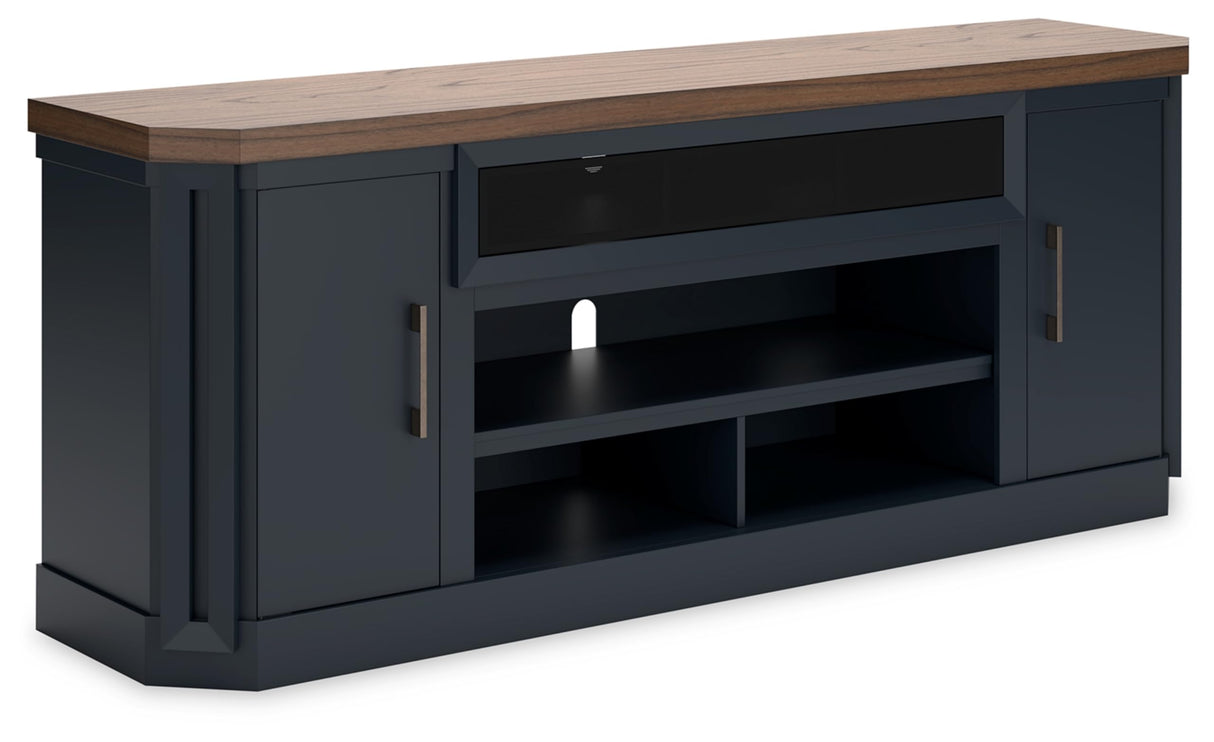 Signature Design by Ashley Landocken Contemporary 83" TV Stand for TVs up to 95" with Fireplace Option, 2 Cabinets, 2 Doors, 2 Adjustable Shelves, Open Cubbies and Cord Openings, Dark Brown & Blue Signature Design by Ashley