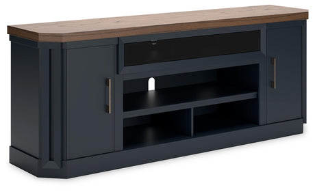 Signature Design by Ashley Landocken Contemporary 83" TV Stand for TVs up to 95" with Fireplace Option, 2 Cabinets, 2 Doors, 2 Adjustable Shelves, Open Cubbies and Cord Openings, Dark Brown & Blue Signature Design by Ashley