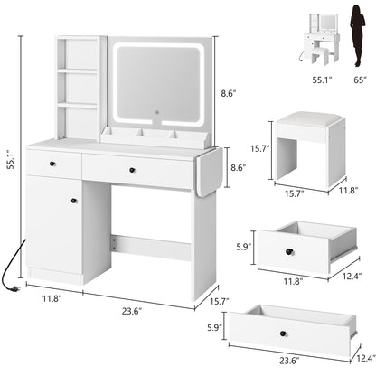 GAOMON Makeup Vanity Desk with Mirror and Lights, Vanity Desk Set with Outlet & Drawers & Open Shelf & Storage Cabinet, Vanity Table Set for Bedroom, White