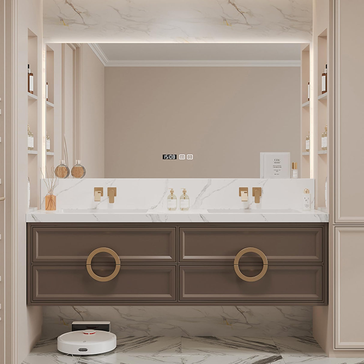 Genpai Bathroom Vanity with Sink Business - 60IN Double Sink Wall Mount Floating | LED Lighted & One-Touch Mirror, Modern Bathroom Vanity, 2 Faucet Genpai