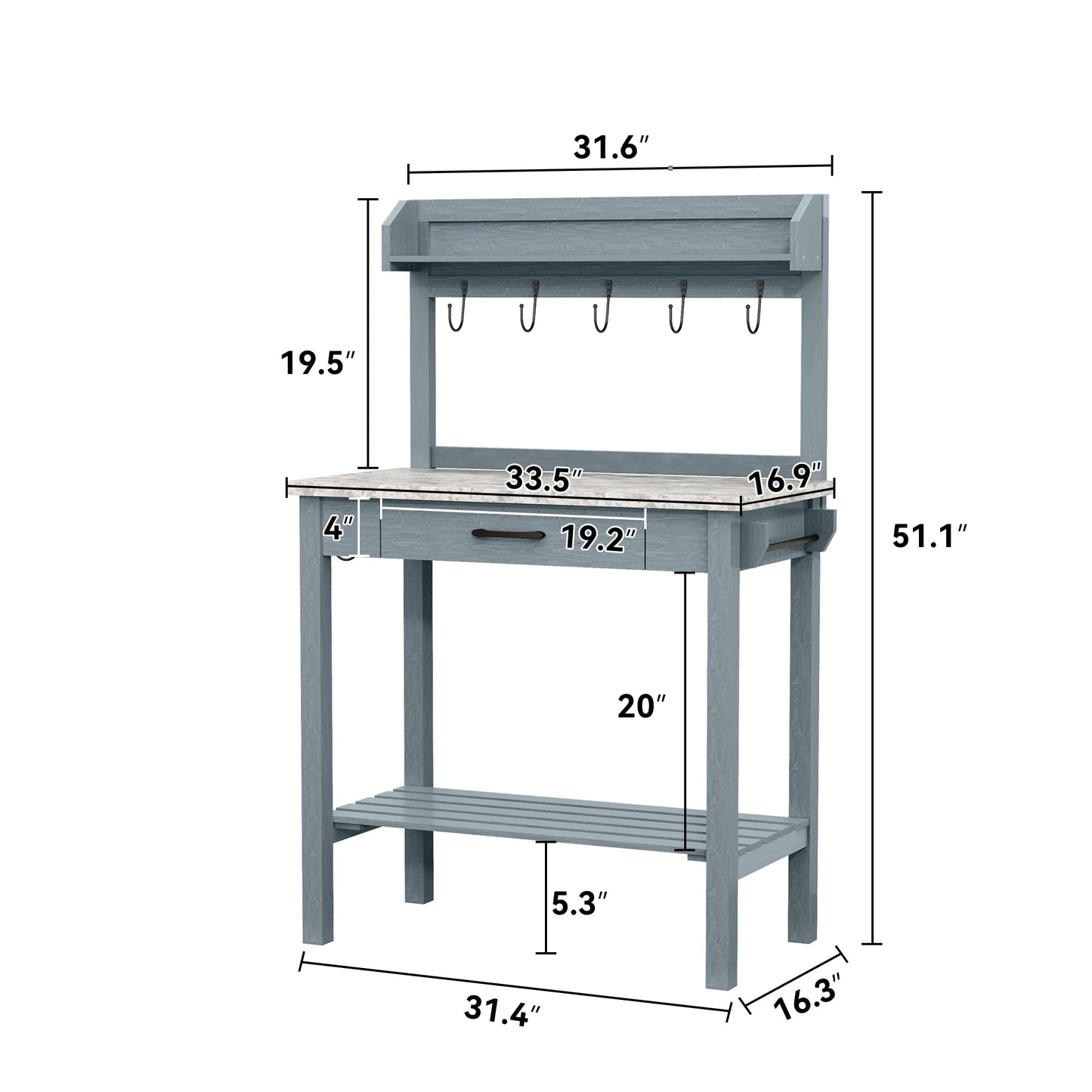 HOLTICO Outdoor Potting Bench Table with Metal Tabletop, Planting Table Potting Work Station with Storage Drawer and Removable Shelf Rack, Garden Potting Table for Outdoors - WoodArtSupply