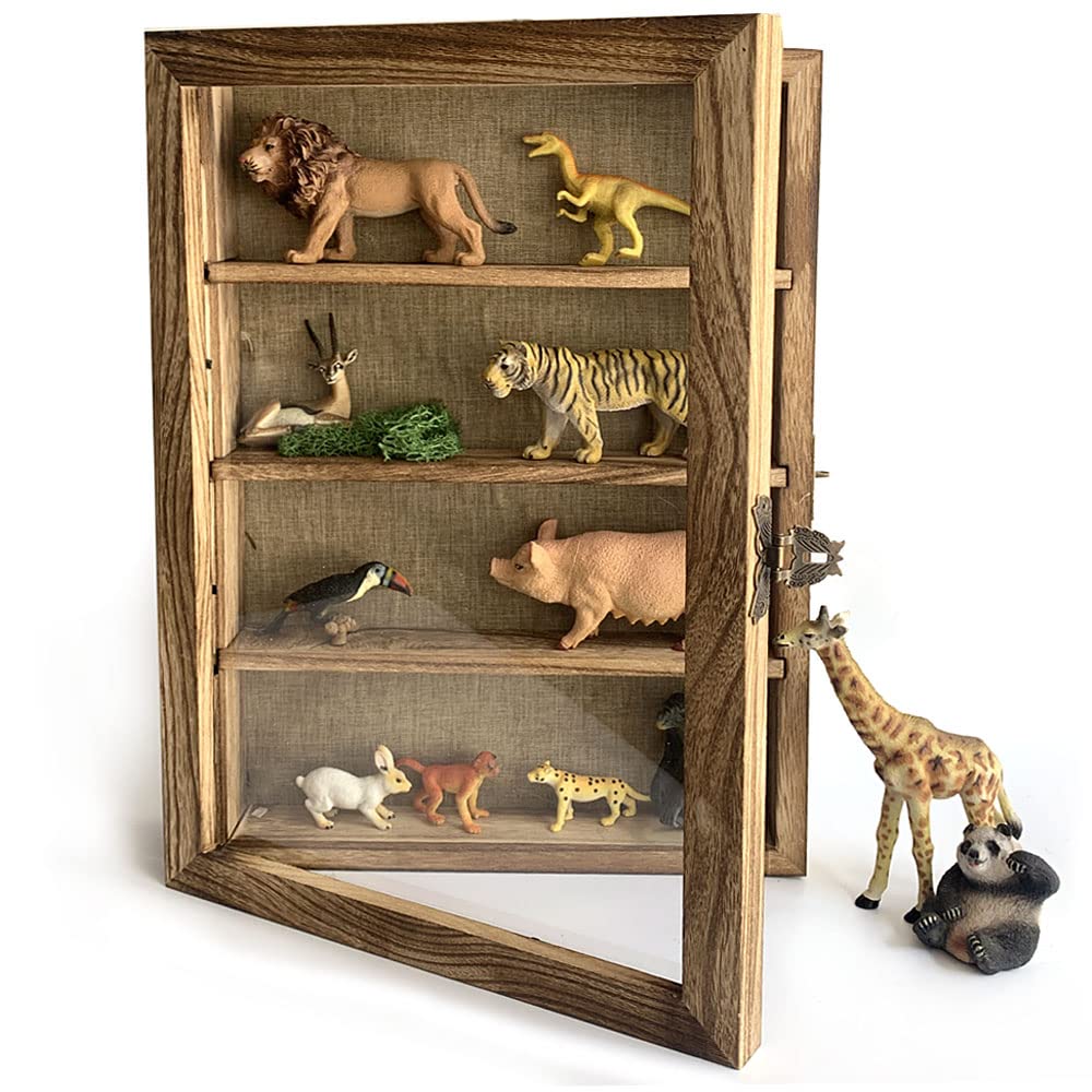 WANLIAN Large Shadow Box with Shelves, 11x16 Wooden Shadow Box Display Cabinet with Acrylic Window, 3 Removable Shelves and Linen Back, for Displaying Photo Souvenir Collection(Carbonized) WANLIAN