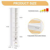 VECELO 8-Tier Narrow Bookshelf, Modern Tall Bookcase with Adjustable Shelves, Raised Base & Fabric Drawer, Storage Rack for Living Room, Bedroom, Office, White VECELO
