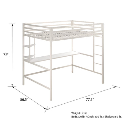 Novogratz Maxwell Metal Full Loft Bed with Desk & Shelves, Off White