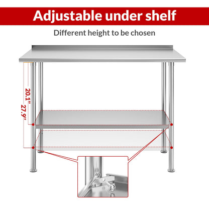 Atelicf Stainless Steel Table for Work, 24 * 48 Inch, High Load Bearing with Undershelf and Backsplash for Outdoor, Restaurants, Hotels, Workshops, Kitchens, Garages and Gardens