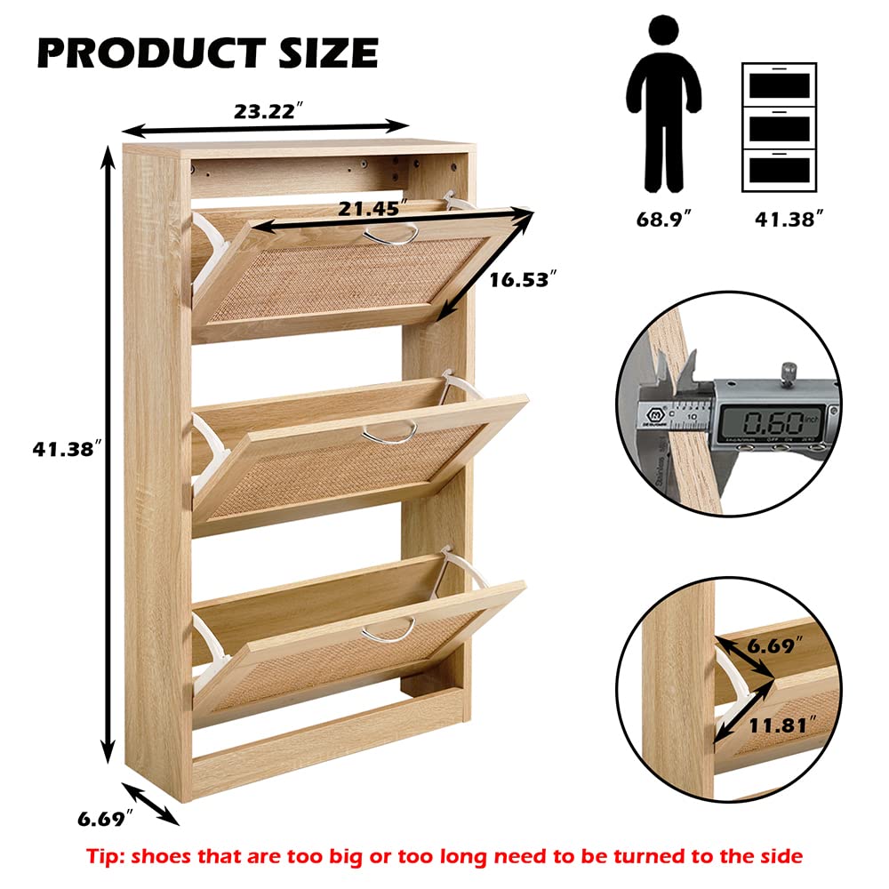 HOPUBUY Shoe Cabinet for Entryway, Narrow Shoe Storage Cabinet, Hidden Rattan Shoe Cabinet Wood 3 Tier Slim Shoe Rack for Home and Apartment, Nature