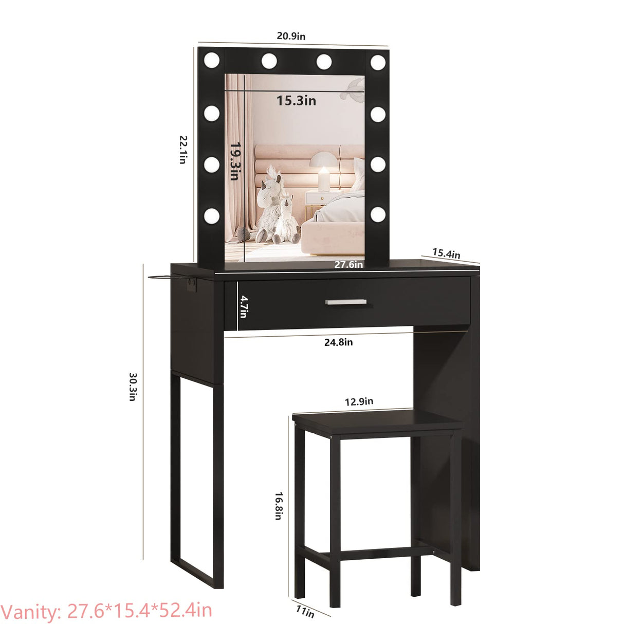 Titoni Makeup Vanity Desk with Mirror and Lights, Black Vanity Table and Chair Set, Brightness Adjustable, Small Vanity for Girls' Bedroom Titoni