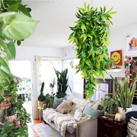 SzJias Artificial Hanging Plants Fake Bamboo Leaves Plants Fake Hanging Plants for Patio Porch Outdoor Plants Decor (2 Pcs) SzJias