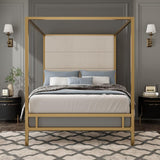 JIJIWANG Modern Gold Canopy Bed with Tall Linen Fabric Upholstered Headboard Metal 4-Poster Bed Frame, Box Spring Needed, (Queen,Gold) JIJIWANG