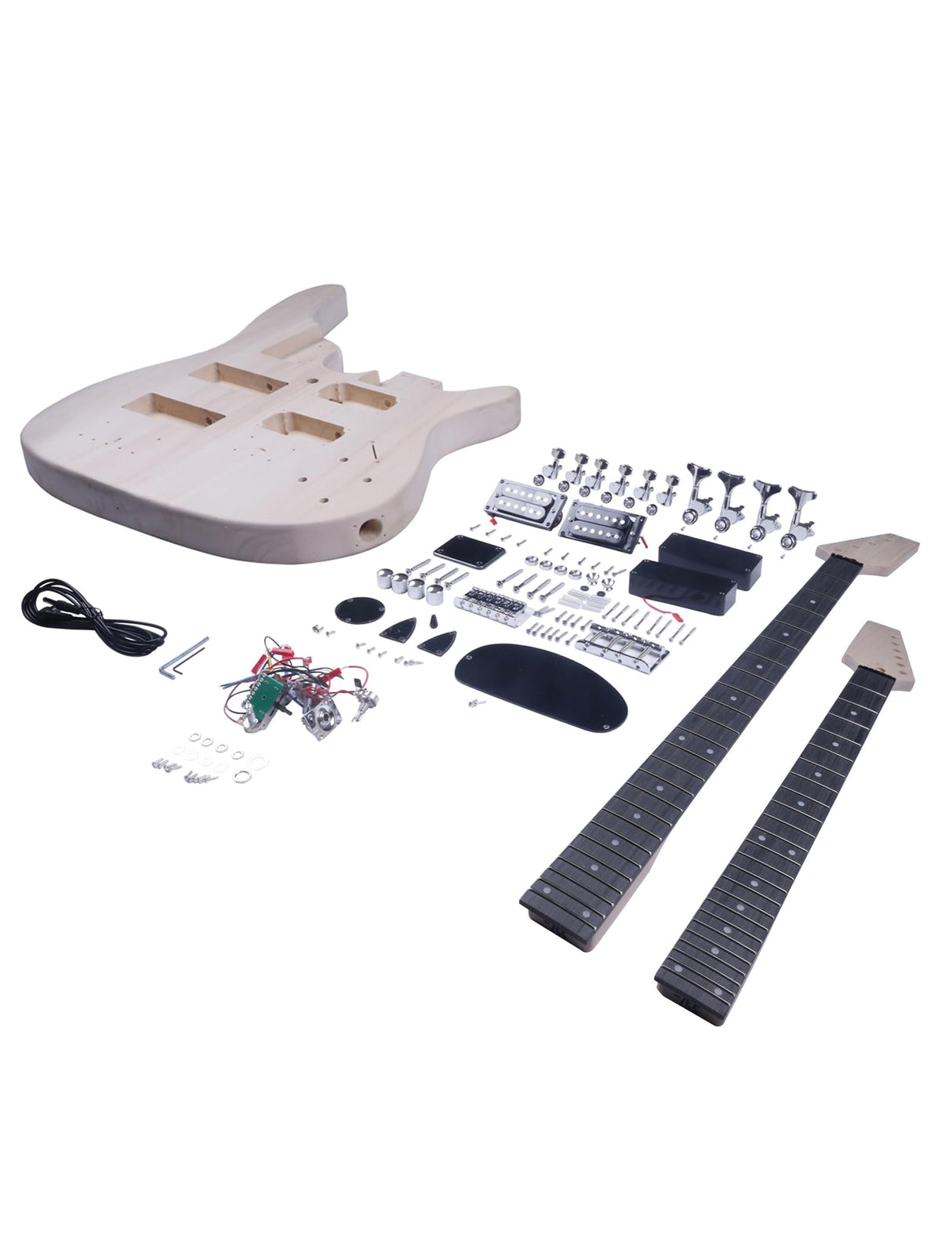 Fistrock DIY Electric Guitar and Bass Double Neck Kit 6 String and 4 String Guitar Kits Right Handed with Basswood Body Hard Maple Neck Chrome Hardware Build Your Own Bass and Guitar. Fistrock