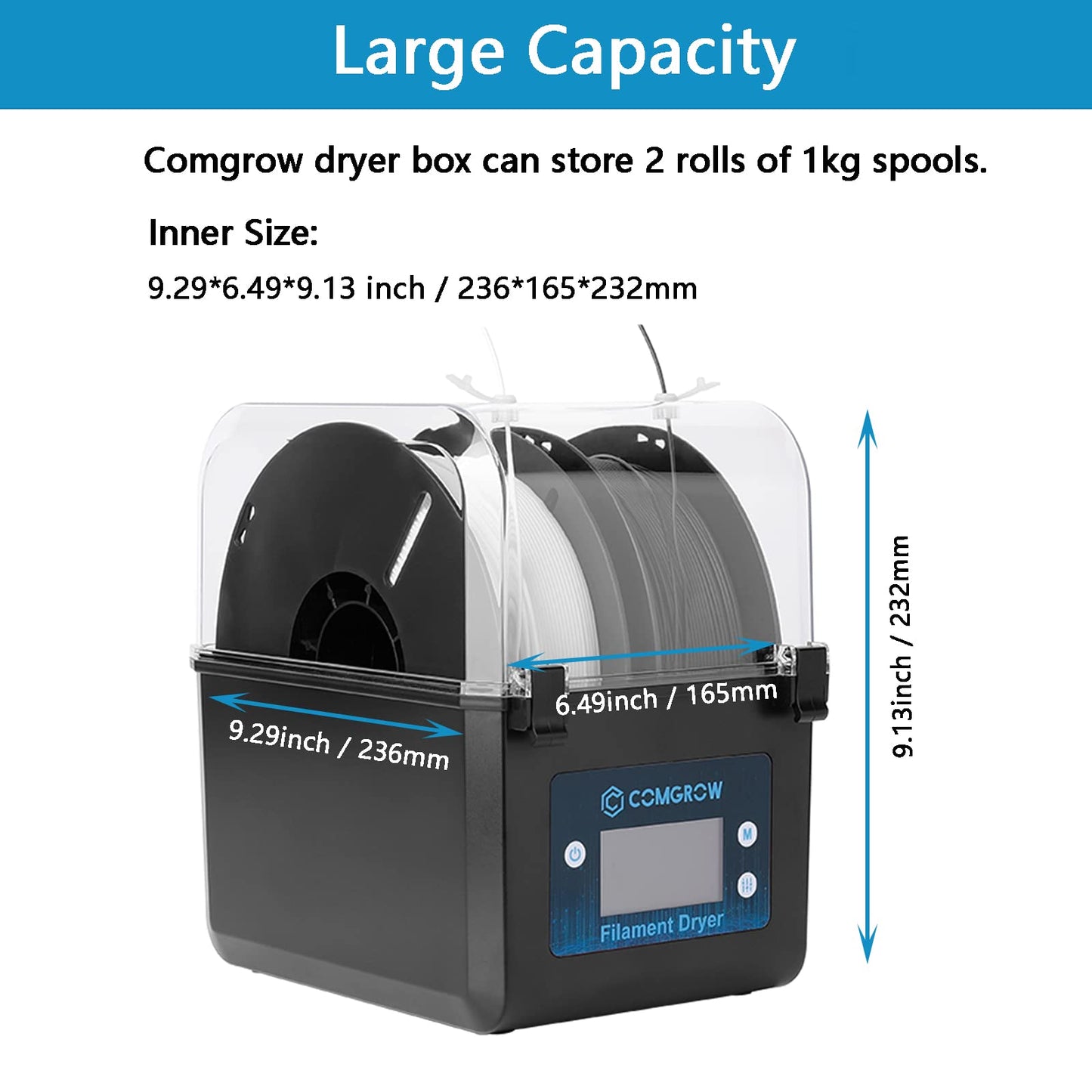 Comgrow Filament Dryer Box, Comgrow 3D Filament Dryer Box with 2 Rolls of PLA Filament 1.75mm Spools, Spool Holder for 2 x 1kg Spools, Filament Holder Storage Box - WoodArtSupply