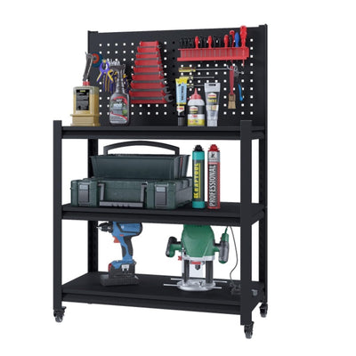 48.15" H Adjustable Workbench with Pegboard,3-Tier Heavy Duty Work Table with Wheels,Black Rolling Workshop Bench,Mobile Garage Workstation, Metal Tool Bench for Garage Warehouse Workshop