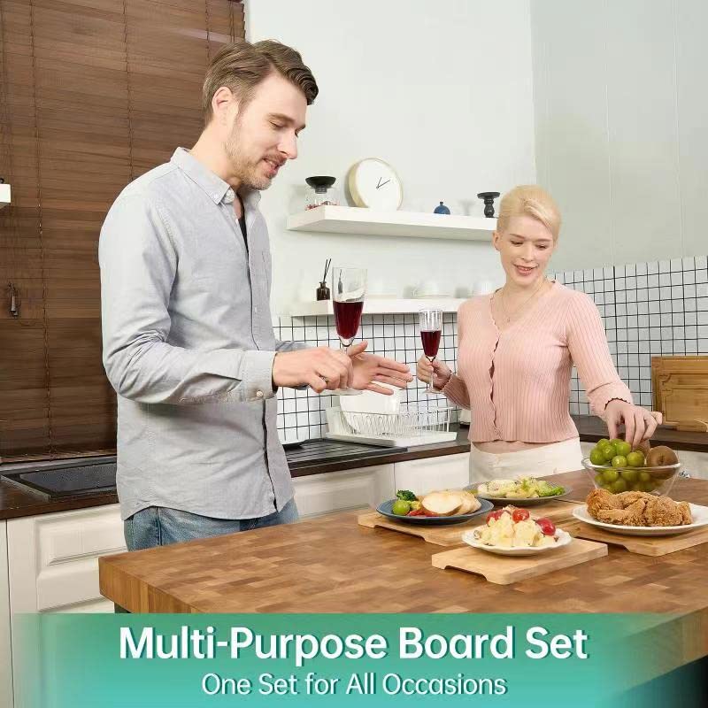 Bamboo Cutting Boards for Kitchen, Wood Cutting Board with Holder, Bamboo Cutting Board Set Reversible with Juice Grooves for Meat Cheese Fruit and Vegetables (Four Piece Set) Greenmemo