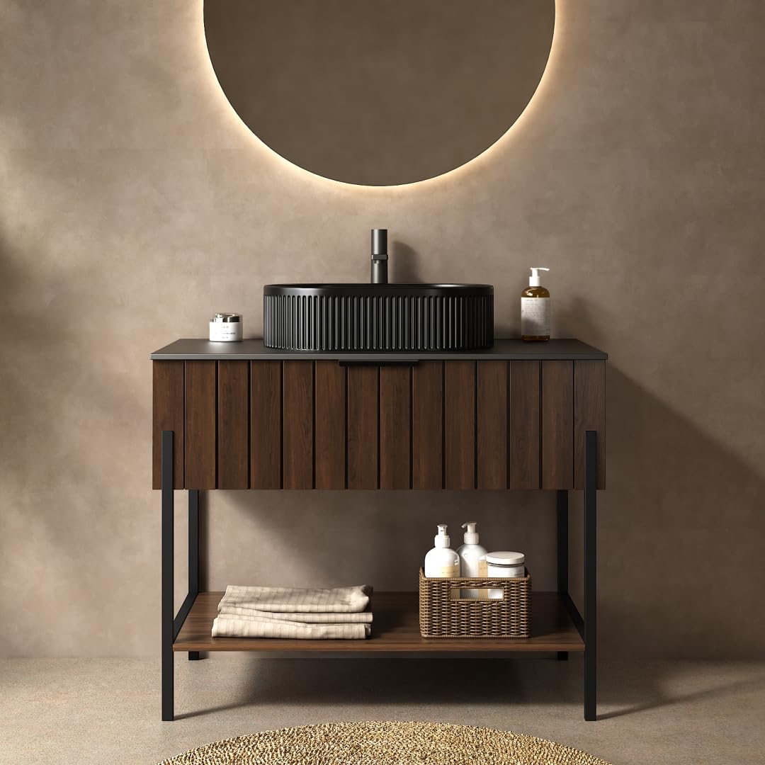36 Inch Bathroom Vanity with Sink, Dark Walnut Vanity Bathroom Sink and Cabinet Combo, Bathroom Vanities w/Drawer and Metal Supporting Structure & Freestanding Striped Design - Miami, Dark Walnut RAINLUX