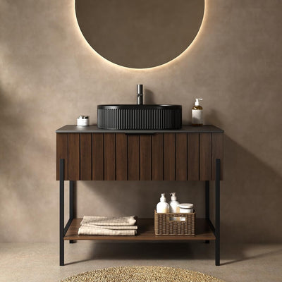 36 Inch Bathroom Vanity with Sink, Dark Walnut Vanity Bathroom Sink and Cabinet Combo, Bathroom Vanities w/Drawer and Metal Supporting Structure & Freestanding Striped Design - Miami, Dark Walnut