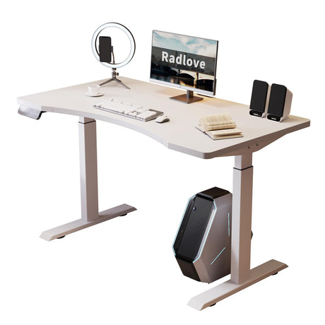 Radlove Dual Motors Height Adjustable 55 x 30'' Electric Standing Desk with Curved Design Stand Up Table 4 Memory Keys, Computer Desk with Splice Board Home Office Desk, Whitetop + White Frame Radlove