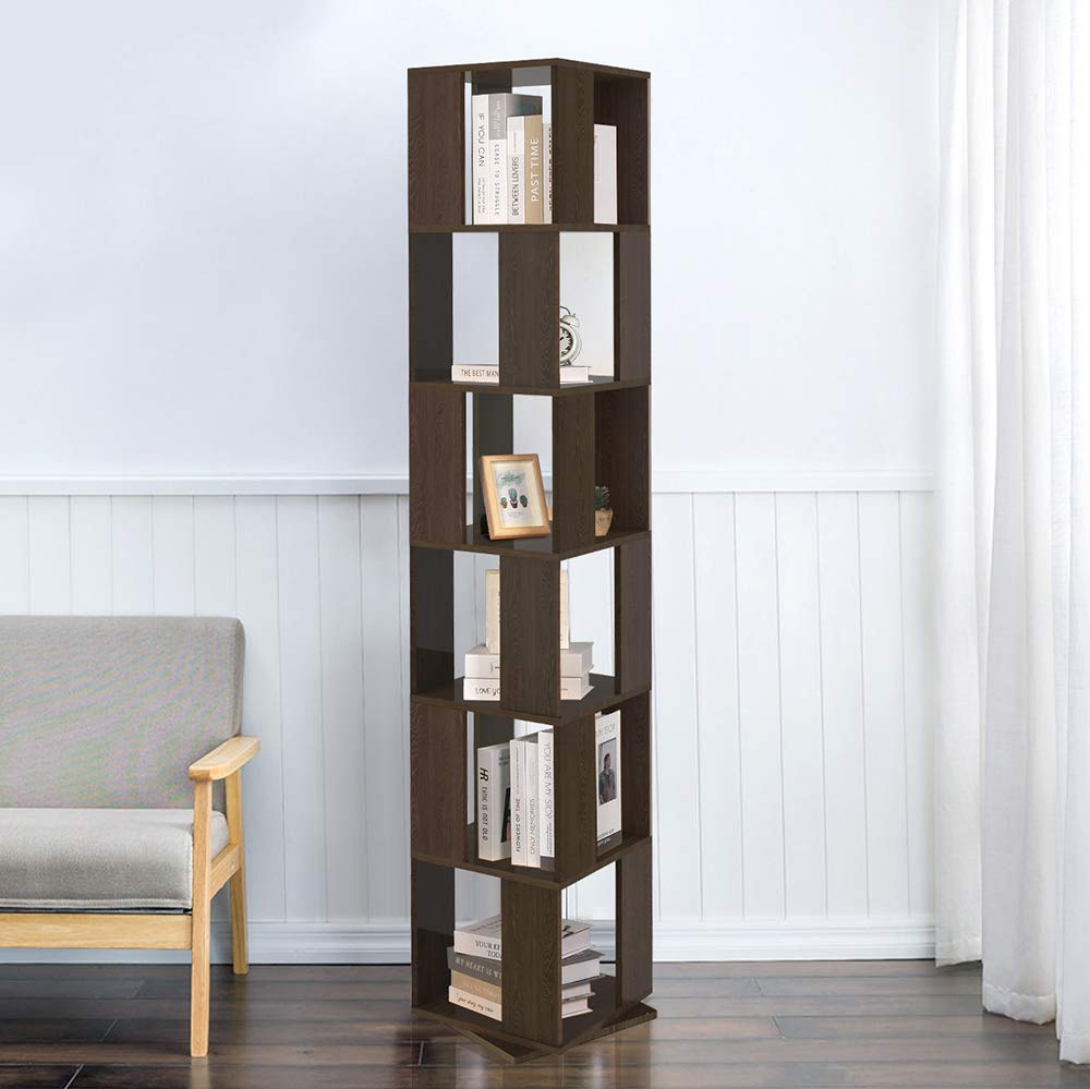 QIHANG-US 6-Tier Rotating Wooden Bookcase in Black Walnut – Modern Floor Standing Shelf for Home and Office - WoodArtSupply