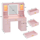 Vanity Desk with Mirror and Lights, Makeup Vanity Table with Power Outlet, Dressing Vanity Table Set with 6 Drawers & 4 Cabinets, 3 Color Modes & Brightness Adjusted, for Bedroom Room, Pink Aiguazi