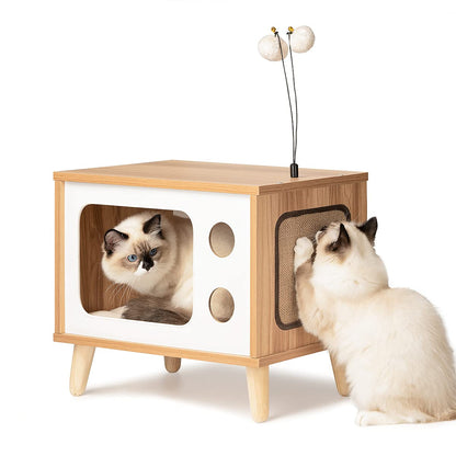 Cat House Wooden Condo Cat Bed Indoor TV-Shaped Sturdy Large Luxury Cat Shelter Furniture with Cushion Cat Scratcher Bell Ball Toys - WoodArtSupply