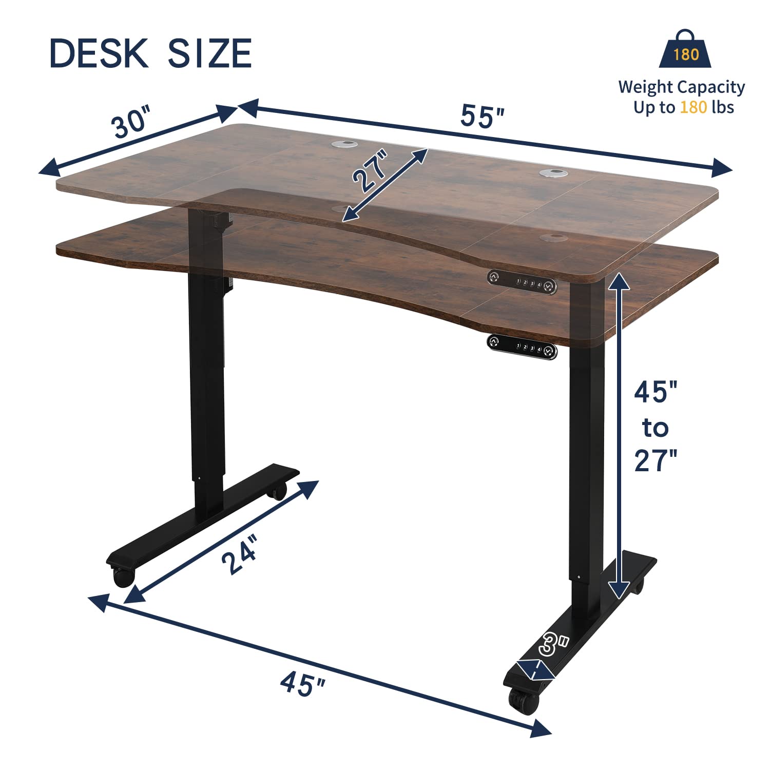 Electric Standing Desk,55 x 30 Inches Ergonomic Height Adjustable Desk with 4 Memory Settings, Stand Up Computer Desk for Home Office with Splice Board, Black Frame/Rustic Brown Top - WoodArtSupply