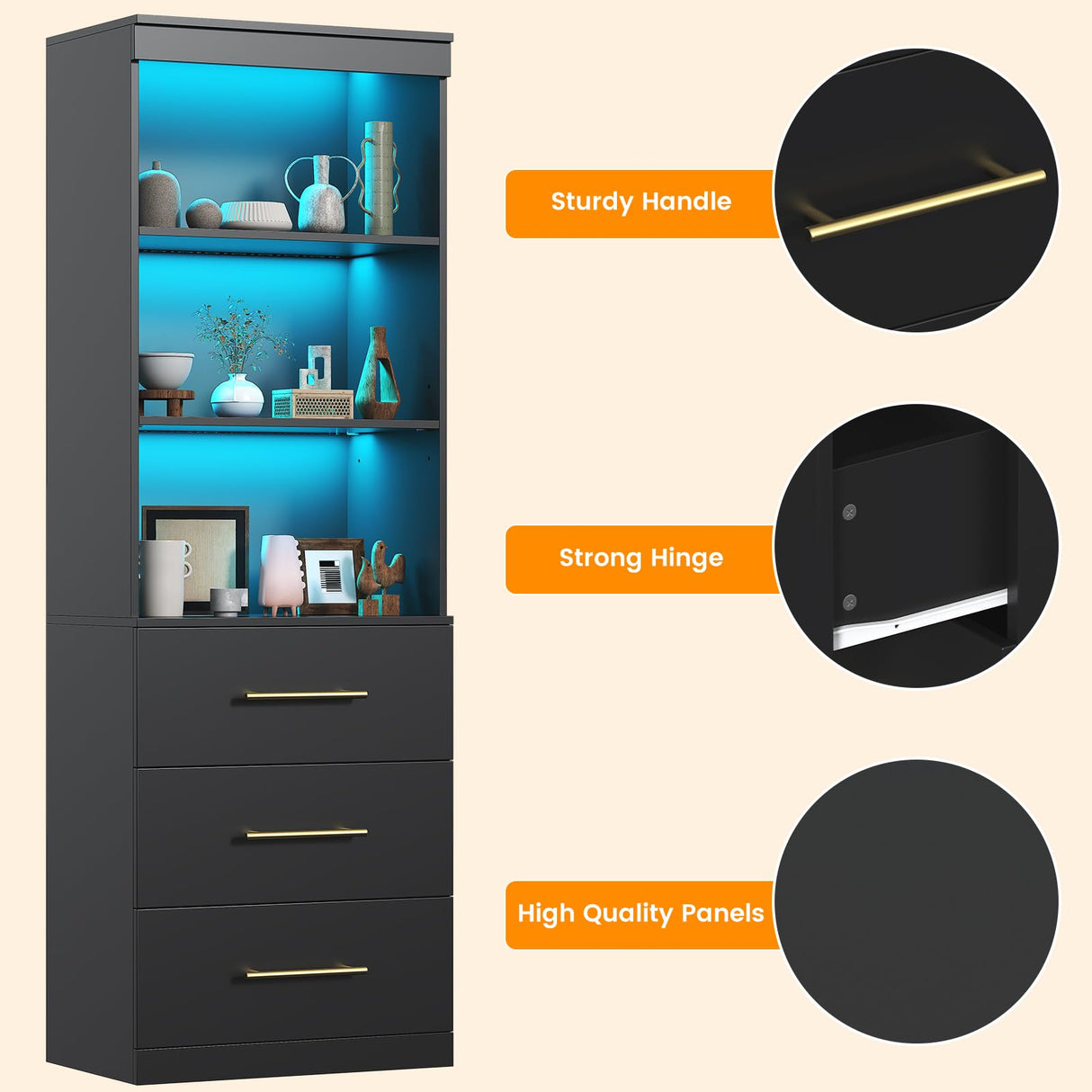 Winkalon 71“H Black Bookshelf with LED Light, Bookcase and Bookshelf with Drawers, Tall Bookcase Tall Storage Cabinet 3-Tier Open Shelves for Home Office Living Room Bedroom Winkalon