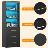 Winkalon 71“H Black Bookshelf with LED Light, Bookcase and Bookshelf with Drawers, Tall Bookcase Tall Storage Cabinet 3-Tier Open Shelves for Home Office Living Room Bedroom Winkalon