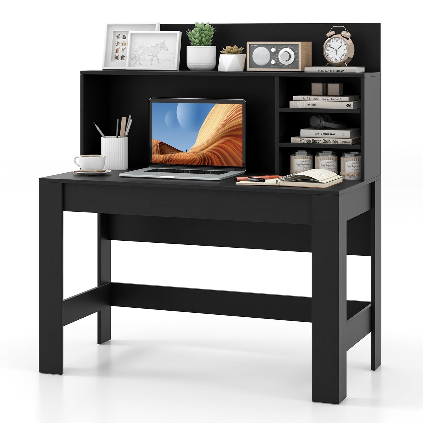 Tangkula Modern 2-in-1 Computer Desk with Hutch & Storage for Home Office (Black) - WoodArtSupply