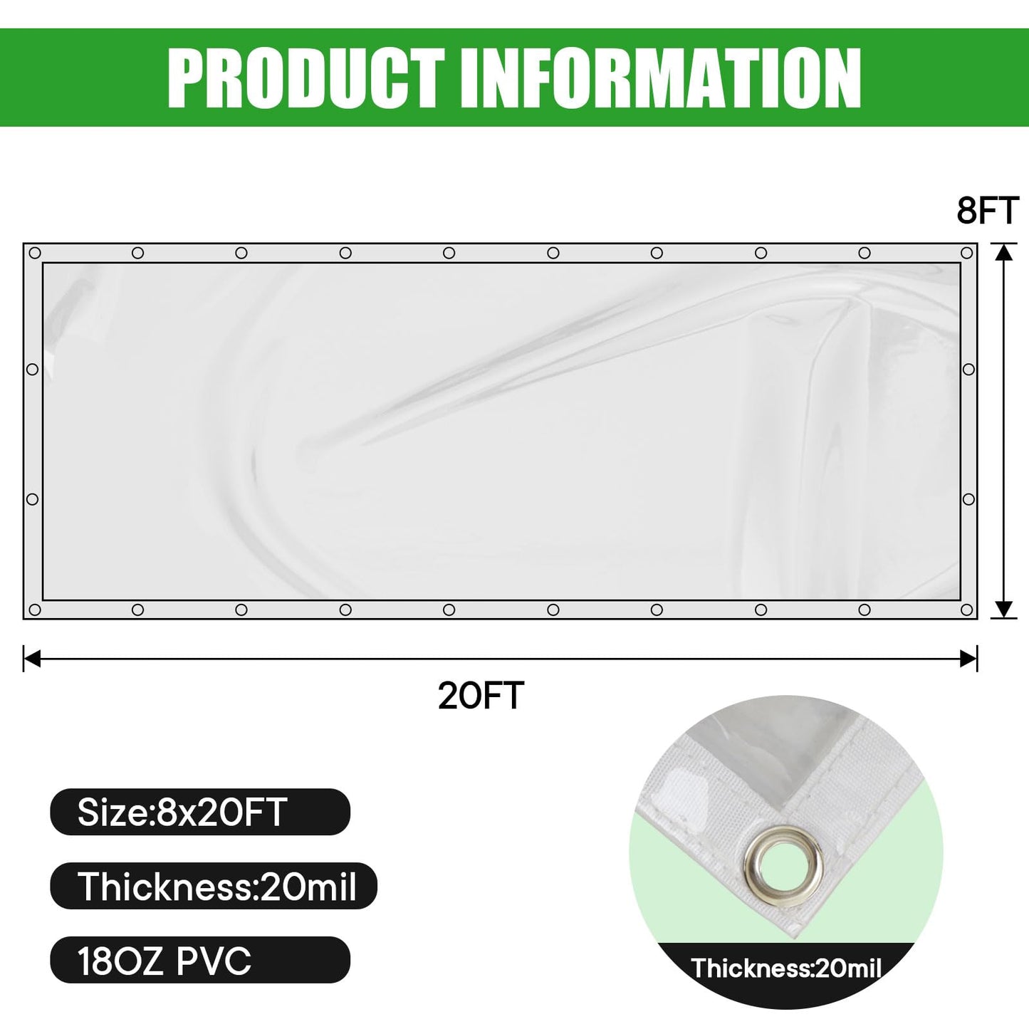 Chocikick 8 x 20 FT Outdoor Clear Tarp Curtain Waterproof 20 Mil, Wind-Proof Transparent Anti-Tear PVC Thick Cover with Grommets, Vinyl Tarp for Patio Pergola Garden Canopy Rainproof (8 x 20 FT)