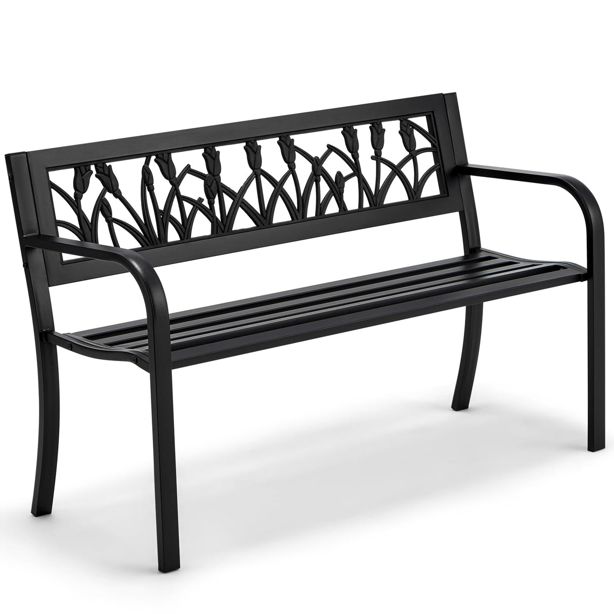 AVAWING Outdoor Bench, 2-Person Garden Benches for Outside, Metal Frame Patio Seating with Floral Pattern Backrest, Armrests for Lawn, Park, Porch, Entryway, Black AVAWING