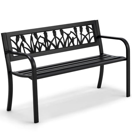 AVAWING Outdoor Bench, 2-Person Garden Benches for Outside, Metal Frame Patio Seating with Floral Pattern Backrest, Armrests for Lawn, Park, Porch, Entryway, Black AVAWING